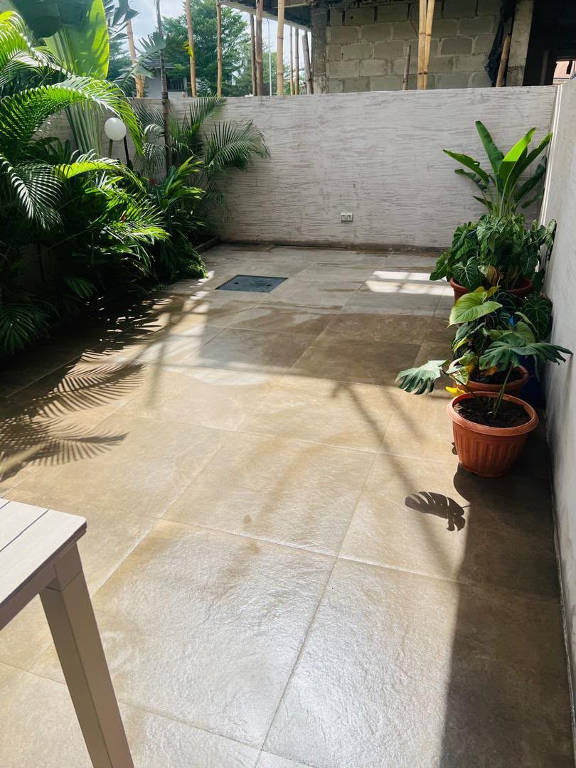 Outdoor courtyard clean, dry and styled with plants