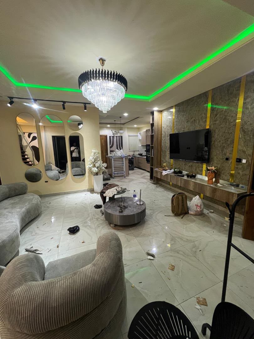 Living room before clean, debris scattered on floor